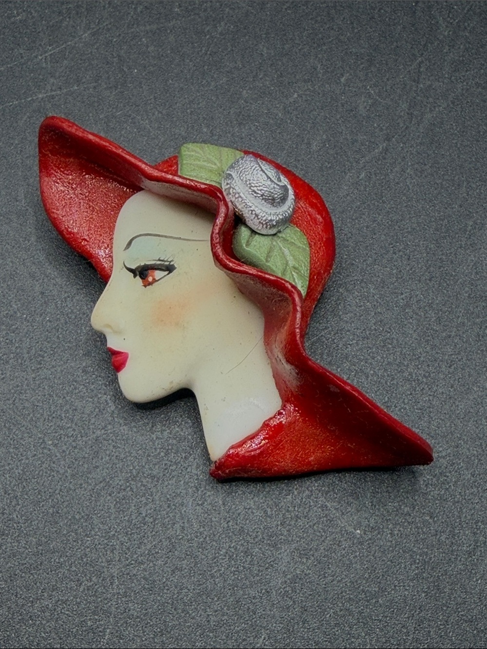 Vintage Hand Painted Art Deco Floppy Hat Lady Bust Head Brooch Pin Jewelry
